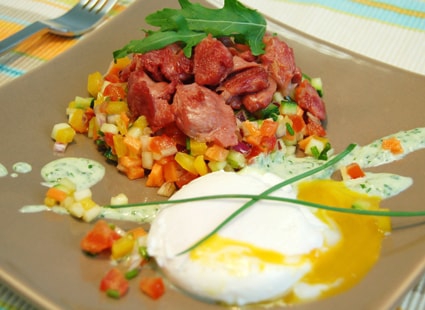 Gésiers de poulet sur lit de tartare de légumes et sa mousse de roquette - Jean Routhiau