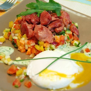 Gésiers de poulet sur lit de tartare de légumes et sa mousse de roquette - Jean Routhiau