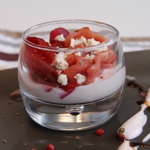 Verrine de Carpaccio de Bœuf et betterave, feta et vinaigre à la framboise - Jean Routhiau